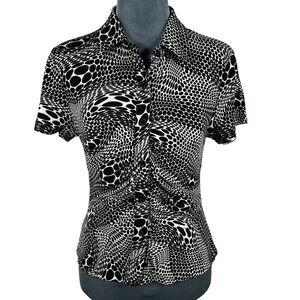 SO Black White Trippy Op-Art Ruched Button Top Medium Y2K Style Psych-Pop NEW